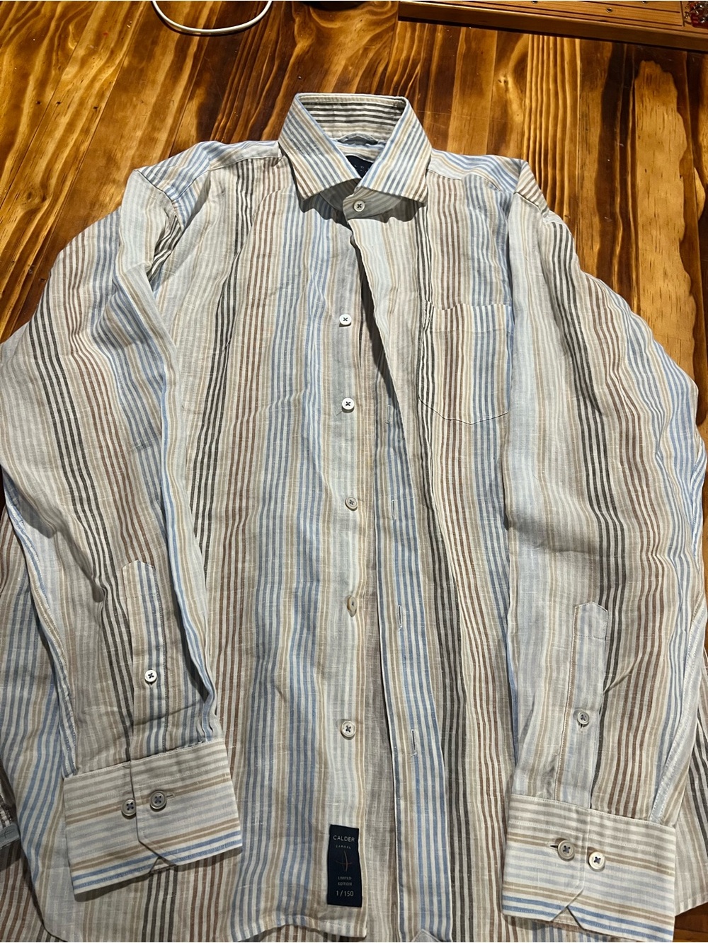 Men's Long-Sleeve Striped Button-Down Shirt in Blue & Brown